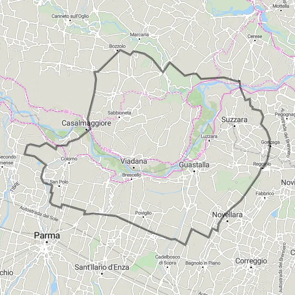 Map miniature of "Sorbolo and Borgoforte Adventure" cycling inspiration in Lombardia, Italy. Generated by Tarmacs.app cycling route planner