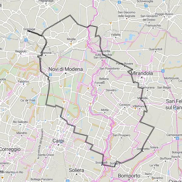 Miniatua del mapa de inspiración ciclista "Gonzaga - Medolla - Sozzigalli - Fossoli - Rolo" en Lombardia, Italy. Generado por Tarmacs.app planificador de rutas ciclistas