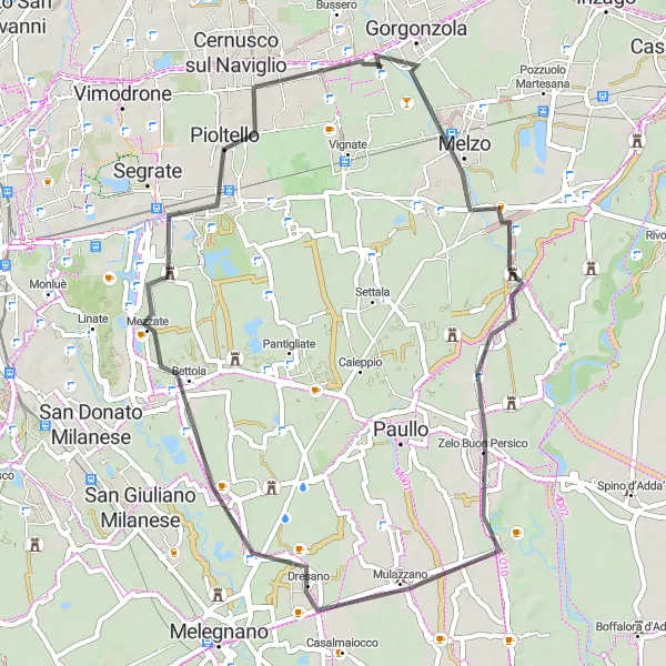 Map miniature of "Melzo - Pioltello Loop" cycling inspiration in Lombardia, Italy. Generated by Tarmacs.app cycling route planner