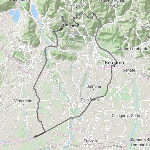 Mapa miniatúra "Challenging Road Cycling to Bellinzago Lombardo" cyklistická inšpirácia v Lombardia, Italy. Vygenerované cyklistickým plánovačom trás Tarmacs.app