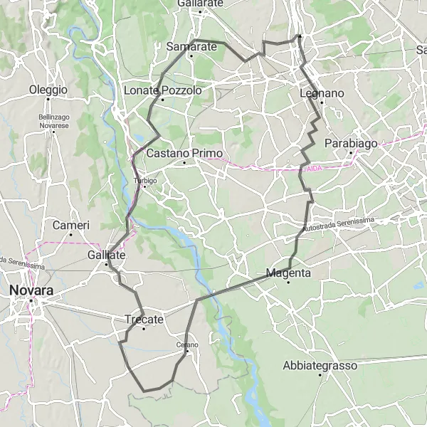 Miniatura della mappa di ispirazione al ciclismo "Giro tra i laghi di Legnano e Galliate" nella regione di Lombardia, Italy. Generata da Tarmacs.app, pianificatore di rotte ciclistiche