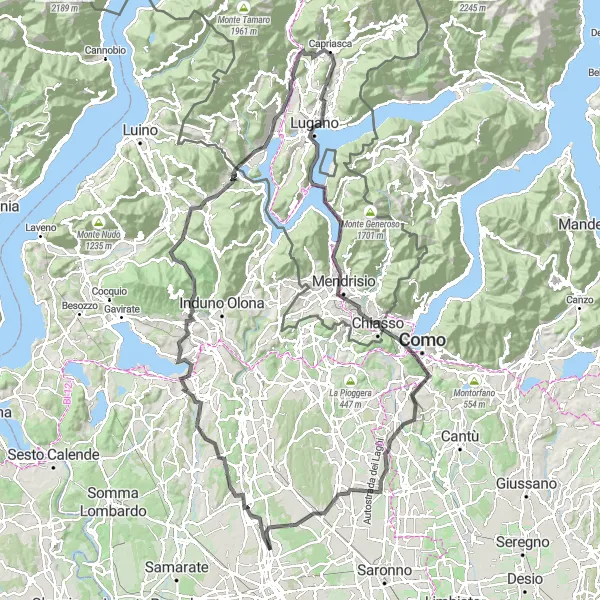 Miniatura della mappa di ispirazione al ciclismo "Giro panoramico tra Cairate e Chiasso" nella regione di Lombardia, Italy. Generata da Tarmacs.app, pianificatore di rotte ciclistiche
