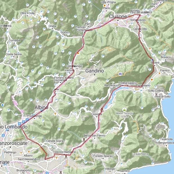 Miniatua del mapa de inspiración ciclista "Aventura en bicicleta de grava de 78 km desde Gorlago" en Lombardia, Italy. Generado por Tarmacs.app planificador de rutas ciclistas