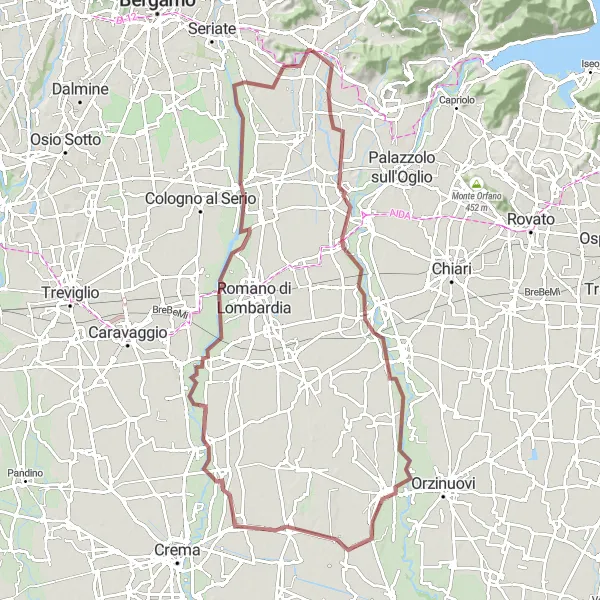 Miniatura della mappa di ispirazione al ciclismo "Gorlago - Carobbio degli Angeli - Pumenengo - Ricengo - Gorlago gravel route" nella regione di Lombardia, Italy. Generata da Tarmacs.app, pianificatore di rotte ciclistiche