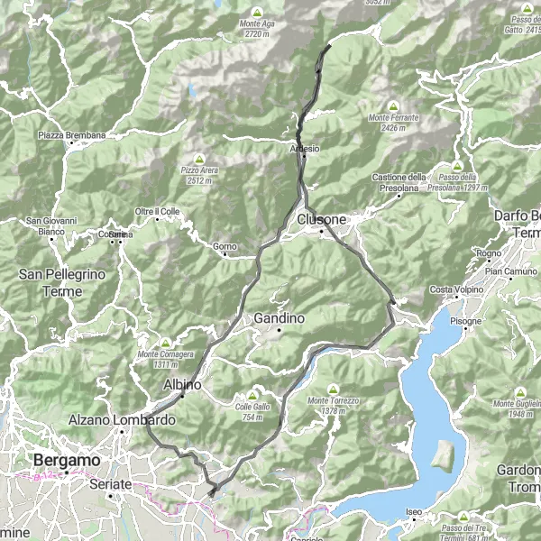 Miniatua del mapa de inspiración ciclista "Ruta de ciclismo de 108 km desde Gorlago" en Lombardia, Italy. Generado por Tarmacs.app planificador de rutas ciclistas
