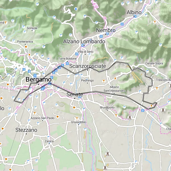 Zemljevid v pomanjšavi "Kolesarjenje po cesti okoli Gorlage: Bergamo in Monte San Giorgio" kolesarske inspiracije v Lombardia, Italy. Generirano z načrtovalcem kolesarskih poti Tarmacs.app
