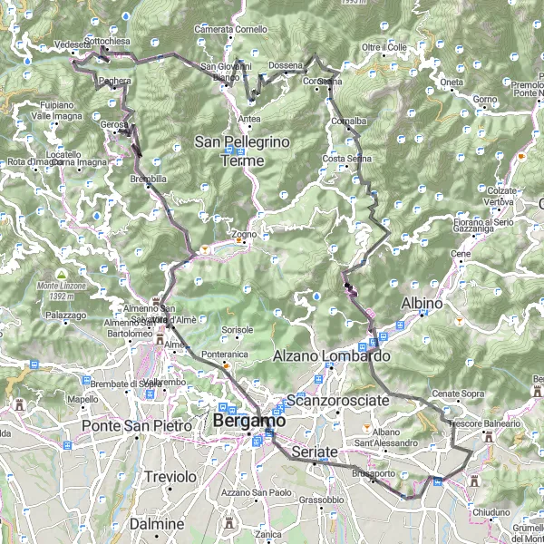 Karttaminiaatyyri "Haastava vuorireitti Lombardiassa" pyöräilyinspiraatiosta alueella Lombardia, Italy. Luotu Tarmacs.app pyöräilyreittisuunnittelijalla