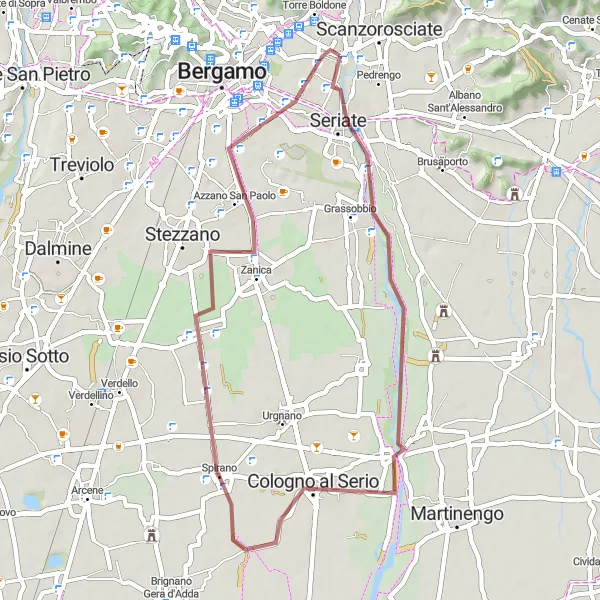 Miniatura della mappa di ispirazione al ciclismo "Strada sterrata tra Gorle e Comun Nuovo" nella regione di Lombardia, Italy. Generata da Tarmacs.app, pianificatore di rotte ciclistiche