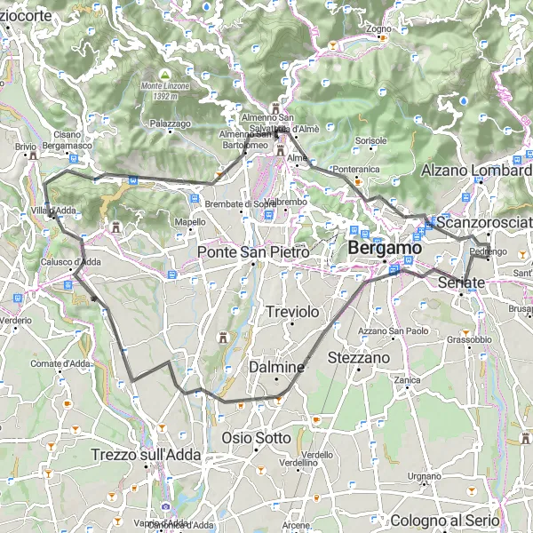 Miniaturní mapa "Okruh přes Bergamo" inspirace pro cyklisty v oblasti Lombardia, Italy. Vytvořeno pomocí plánovače tras Tarmacs.app