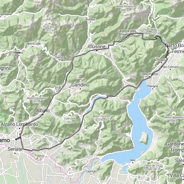 Miniatura della mappa di ispirazione al ciclismo "Circuito delle Prealpi Orobie" nella regione di Lombardia, Italy. Generata da Tarmacs.app, pianificatore di rotte ciclistiche