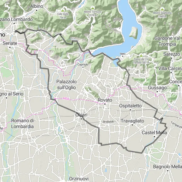 Kartminiatyr av "Gorle - Il Dosso - Corno del Creilì - Provaglio d'Iseo - Paderno Franciacorta - Castrezzato - Albano Sant'Alessandro - Vista sui paesi circostanti e Città Alta" cykelinspiration i Lombardia, Italy. Genererad av Tarmacs.app cykelruttplanerare