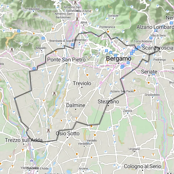 Map miniature of "Bergamo and Villages" cycling inspiration in Lombardia, Italy. Generated by Tarmacs.app cycling route planner