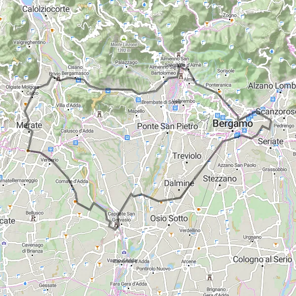 Miniatura della mappa di ispirazione al ciclismo "Esplorazione su strada tra Gorle e Bergamo" nella regione di Lombardia, Italy. Generata da Tarmacs.app, pianificatore di rotte ciclistiche