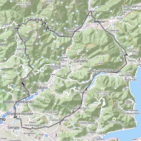 Karten-Miniaturansicht der Radinspiration "Alzano Lombardo Hügelstraßen-Rundtour" in Lombardia, Italy. Erstellt vom Tarmacs.app-Routenplaner für Radtouren