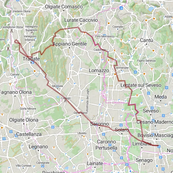 Miniatuurkaart van de fietsinspiratie "Oltrona di San Mamette naar Tradate Gravel Route" in Lombardia, Italy. Gemaakt door de Tarmacs.app fietsrouteplanner