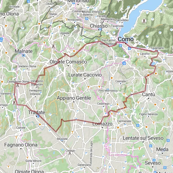 Karttaminiaatyyri "Gravel-reitti Castiglione Olonasta Tradateen" pyöräilyinspiraatiosta alueella Lombardia, Italy. Luotu Tarmacs.app pyöräilyreittisuunnittelijalla