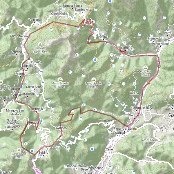 Miniaturní mapa "Gravelová trasa kolem Gorna - Horská dobrodružství" inspirace pro cyklisty v oblasti Lombardia, Italy. Vytvořeno pomocí plánovače tras Tarmacs.app