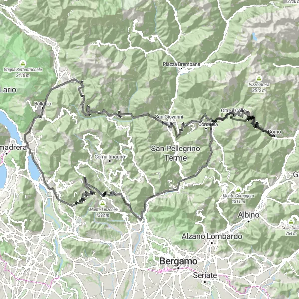 Miniatura della mappa di ispirazione al ciclismo "Gorno - Passo Culmine San Pietro - Cassina Valsassina - Gorno" nella regione di Lombardia, Italy. Generata da Tarmacs.app, pianificatore di rotte ciclistiche