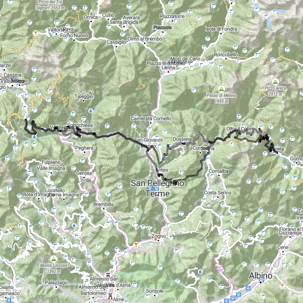 Miniature de la carte de l'inspiration cycliste "Parcours panoramique de Gorno" dans la Lombardia, Italy. Générée par le planificateur d'itinéraire cycliste Tarmacs.app