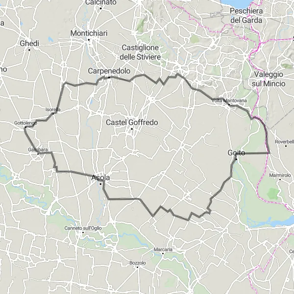 Mapa miniatúra "Cyklotrasa Gottolengo - Isorella - Monte Fogliuto - Monte Cucco - Volta Mantovana - Goito - Redondesco - Fiesse" cyklistická inšpirácia v Lombardia, Italy. Vygenerované cyklistickým plánovačom trás Tarmacs.app