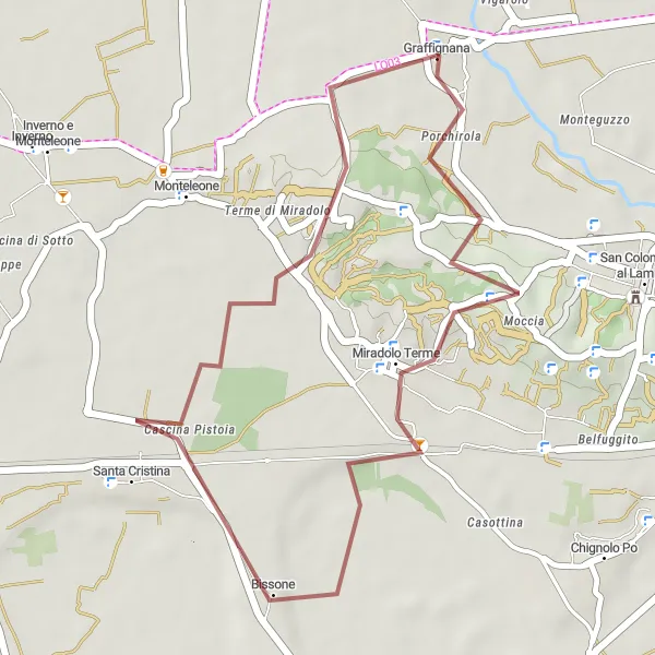 Mapa miniatúra "Gravel okruh na Moradolo Terme" cyklistická inšpirácia v Lombardia, Italy. Vygenerované cyklistickým plánovačom trás Tarmacs.app