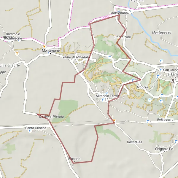 Miniatuurkaart van de fietsinspiratie "Gravelroute van Miradolo Terme naar Bissone" in Lombardia, Italy. Gemaakt door de Tarmacs.app fietsrouteplanner