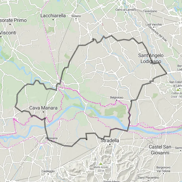Zemljevid v pomanjšavi "Pot od Graffignane (Lombardija) do Sant'Angelo Lodigiano" kolesarske inspiracije v Lombardia, Italy. Generirano z načrtovalcem kolesarskih poti Tarmacs.app