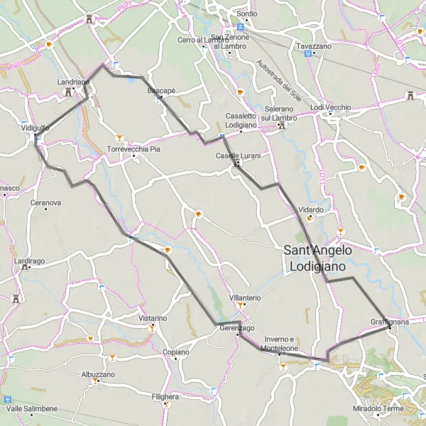Kartminiatyr av "Torre d'Arese och Sant'Angelo Lodigiano Väg" cykelinspiration i Lombardia, Italy. Genererad av Tarmacs.app cykelruttplanerare