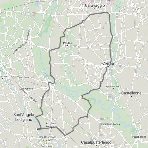 Zemljevid v pomanjšavi "Razgibana kolesarska tura od Lodi do Borghetta Lodigiana" kolesarske inspiracije v Lombardia, Italy. Generirano z načrtovalcem kolesarskih poti Tarmacs.app