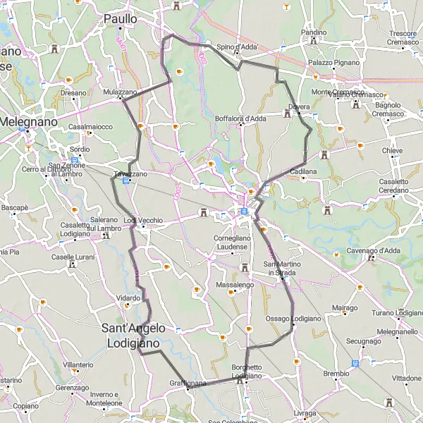 Miniatura della mappa di ispirazione al ciclismo "Giro dei Lodigiani on the Road" nella regione di Lombardia, Italy. Generata da Tarmacs.app, pianificatore di rotte ciclistiche