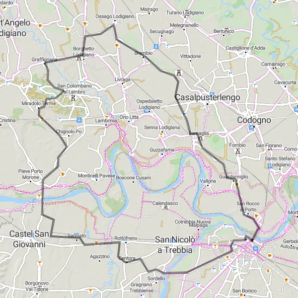 Kartminiatyr av "Veisykling til Piacenza fra Ossago Lodigiano" sykkelinspirasjon i Lombardia, Italy. Generert av Tarmacs.app sykkelrutoplanlegger