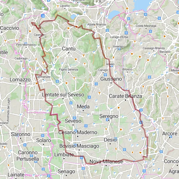 Miniatua del mapa de inspiración ciclista "Ruta de Grava Monte Croce-Lazzate" en Lombardia, Italy. Generado por Tarmacs.app planificador de rutas ciclistas
