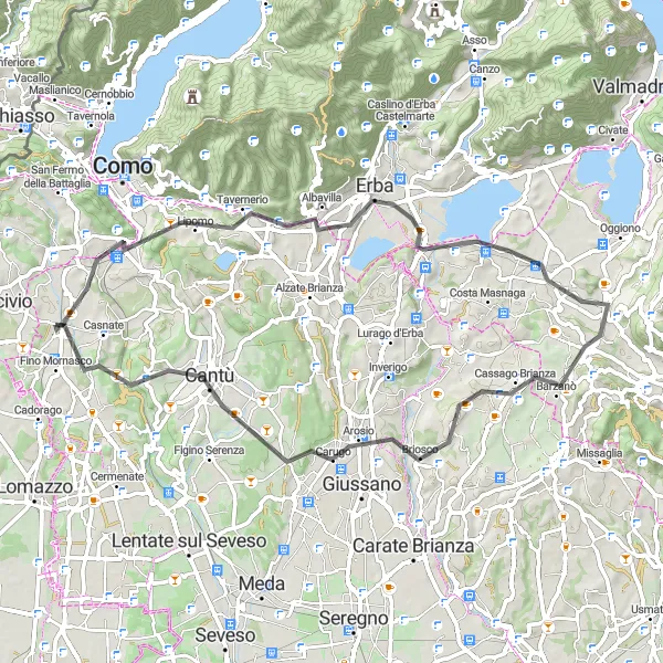 Miniatura della mappa di ispirazione al ciclismo "Giro in bicicletta da Grandate a Cucciago" nella regione di Lombardia, Italy. Generata da Tarmacs.app, pianificatore di rotte ciclistiche