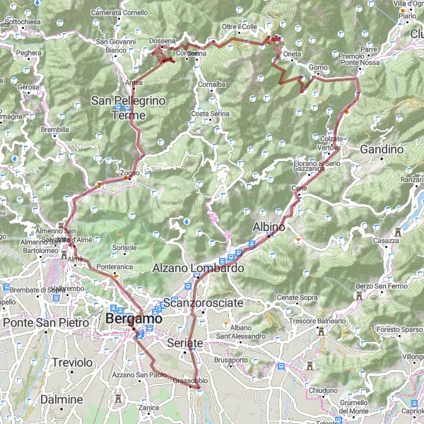 Miniature de la carte de l'inspiration cycliste "Circuit Gravel à travers les montagnes de Lombardie" dans la Lombardia, Italy. Générée par le planificateur d'itinéraire cycliste Tarmacs.app