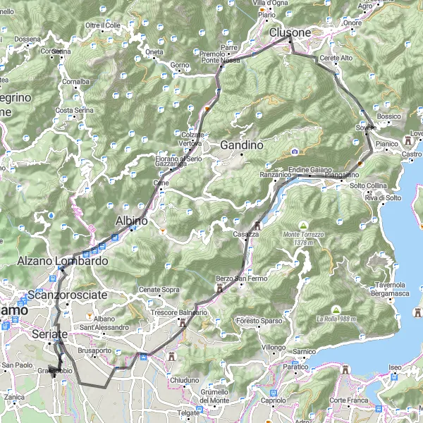 Map miniature of "Challenging Road Expedition from Grassobbio" cycling inspiration in Lombardia, Italy. Generated by Tarmacs.app cycling route planner