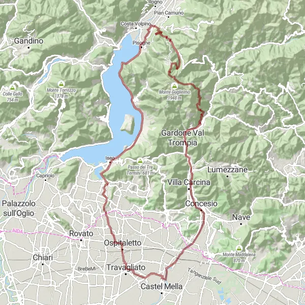 Miniatura della mappa di ispirazione al ciclismo "Tour delle Valli Bresciane" nella regione di Lombardia, Italy. Generata da Tarmacs.app, pianificatore di rotte ciclistiche