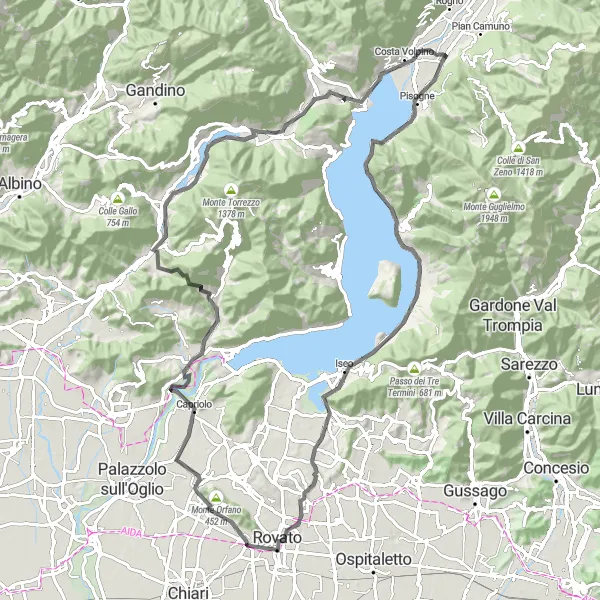 Zemljevid v pomanjšavi "Vzpon na Dosso del Becco in Capriolo" kolesarske inspiracije v Lombardia, Italy. Generirano z načrtovalcem kolesarskih poti Tarmacs.app