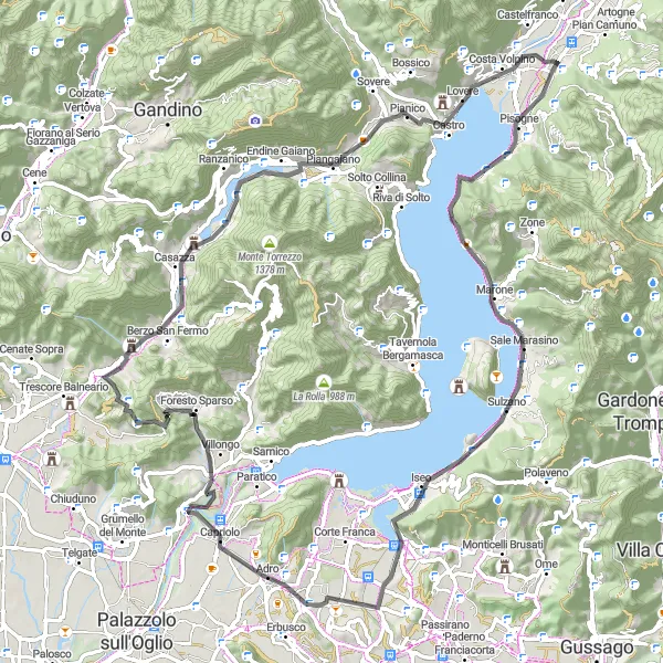 Miniatura della mappa di ispirazione al ciclismo "Giro in bici lungo la costa del Lago d'Iseo" nella regione di Lombardia, Italy. Generata da Tarmacs.app, pianificatore di rotte ciclistiche