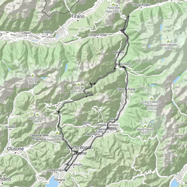 Miniatura della mappa di ispirazione al ciclismo "Tour in bicicletta intorno a Gratacasolo" nella regione di Lombardia, Italy. Generata da Tarmacs.app, pianificatore di rotte ciclistiche
