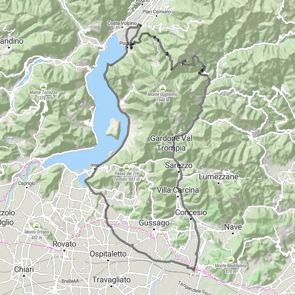 Mapa miniatúra "Cykloobchôd okolo Lombardska" cyklistická inšpirácia v Lombardia, Italy. Vygenerované cyklistickým plánovačom trás Tarmacs.app