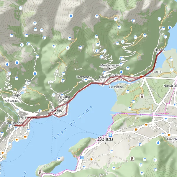 Miniatua del mapa de inspiración ciclista "Ruta escénica de 27km desde Gravedona-San Gregorio" en Lombardia, Italy. Generado por Tarmacs.app planificador de rutas ciclistas