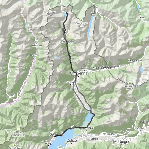 Kartminiatyr av "Det höga bergen äventyret" cykelinspiration i Lombardia, Italy. Genererad av Tarmacs.app cykelruttplanerare