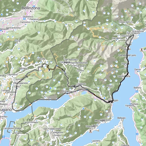 Map miniature of "Gravedona-San Gregorio to Menaggio Loop" cycling inspiration in Lombardia, Italy. Generated by Tarmacs.app cycling route planner