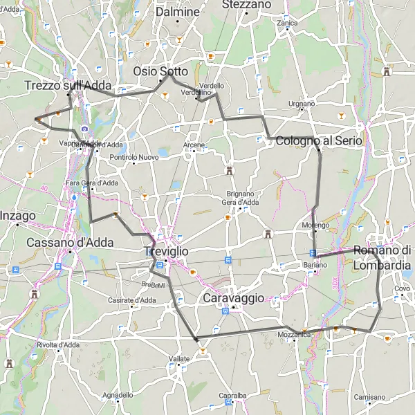 Miniatura della mappa di ispirazione al ciclismo "Brembate - Romano di Lombardia - Villa Castelbarco" nella regione di Lombardia, Italy. Generata da Tarmacs.app, pianificatore di rotte ciclistiche