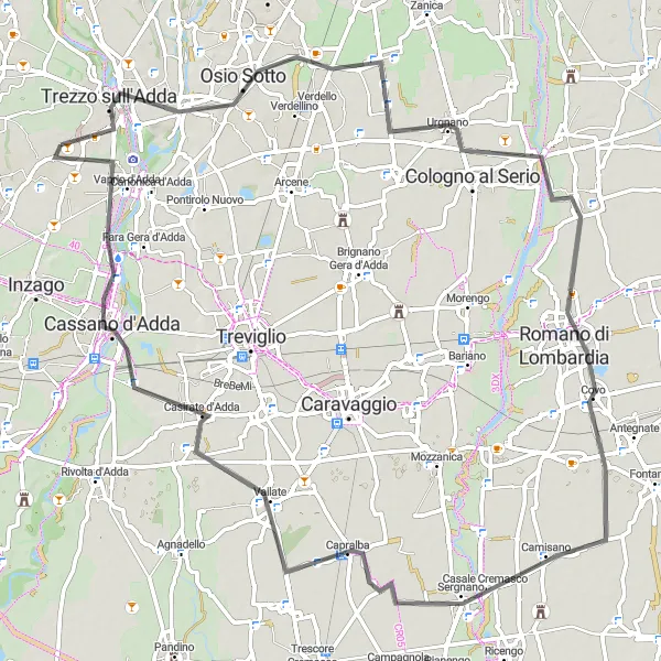 Miniature de la carte de l'inspiration cycliste "Route de Cassano d'Adda" dans la Lombardia, Italy. Générée par le planificateur d'itinéraire cycliste Tarmacs.app