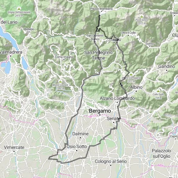 Map miniature of "Bergamo Hills Challenge" cycling inspiration in Lombardia, Italy. Generated by Tarmacs.app cycling route planner