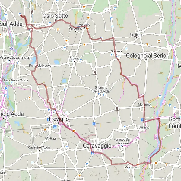 Miniatura della mappa di ispirazione al ciclismo "Giro in bicicletta tra Verdello e Brembate" nella regione di Lombardia, Italy. Generata da Tarmacs.app, pianificatore di rotte ciclistiche