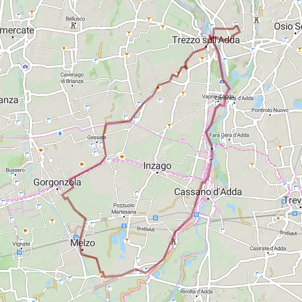 Mapa miniatúra "Gravelová trasa cez Villa Melzi d'Eril, Albignano d'Adda, Melzo a Trezzo sull'Adda" cyklistická inšpirácia v Lombardia, Italy. Vygenerované cyklistickým plánovačom trás Tarmacs.app