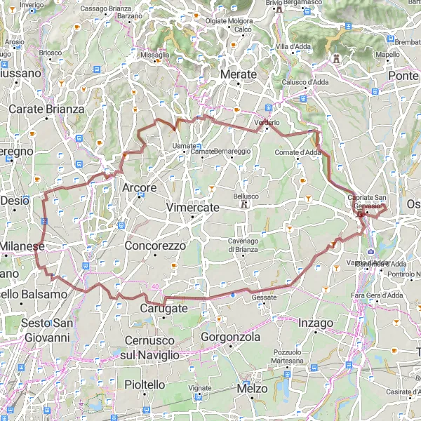 Mapa miniatúra "Gravelová cesta okolo Ronco Briantino" cyklistická inšpirácia v Lombardia, Italy. Vygenerované cyklistickým plánovačom trás Tarmacs.app