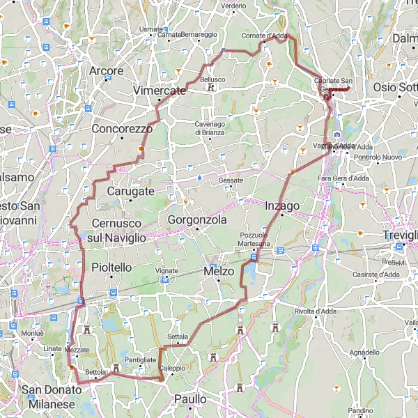 Mapa miniatúra "Okruh Grignano - Bettola di Pozzo d'Adda - Sulbiate - Castello Visconteo" cyklistická inšpirácia v Lombardia, Italy. Vygenerované cyklistickým plánovačom trás Tarmacs.app